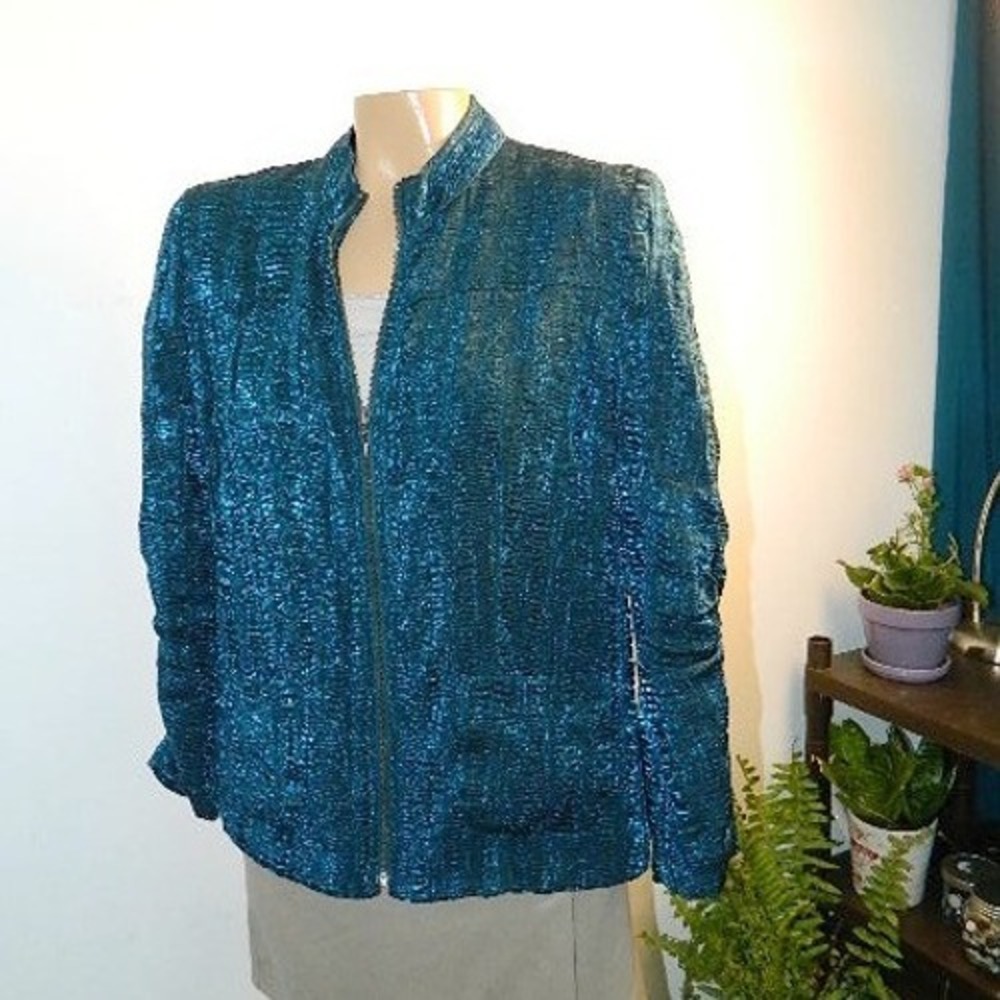 Chico's Metallic Zip Jacket Women Size 2 Teal Blue Textured Mock Neck Shimmer